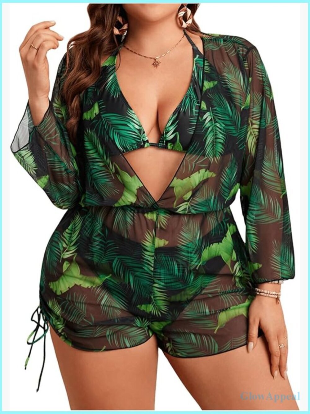 3 Piece Tropical Print Plus Size Bikini Set with Coverup Halter Triangle